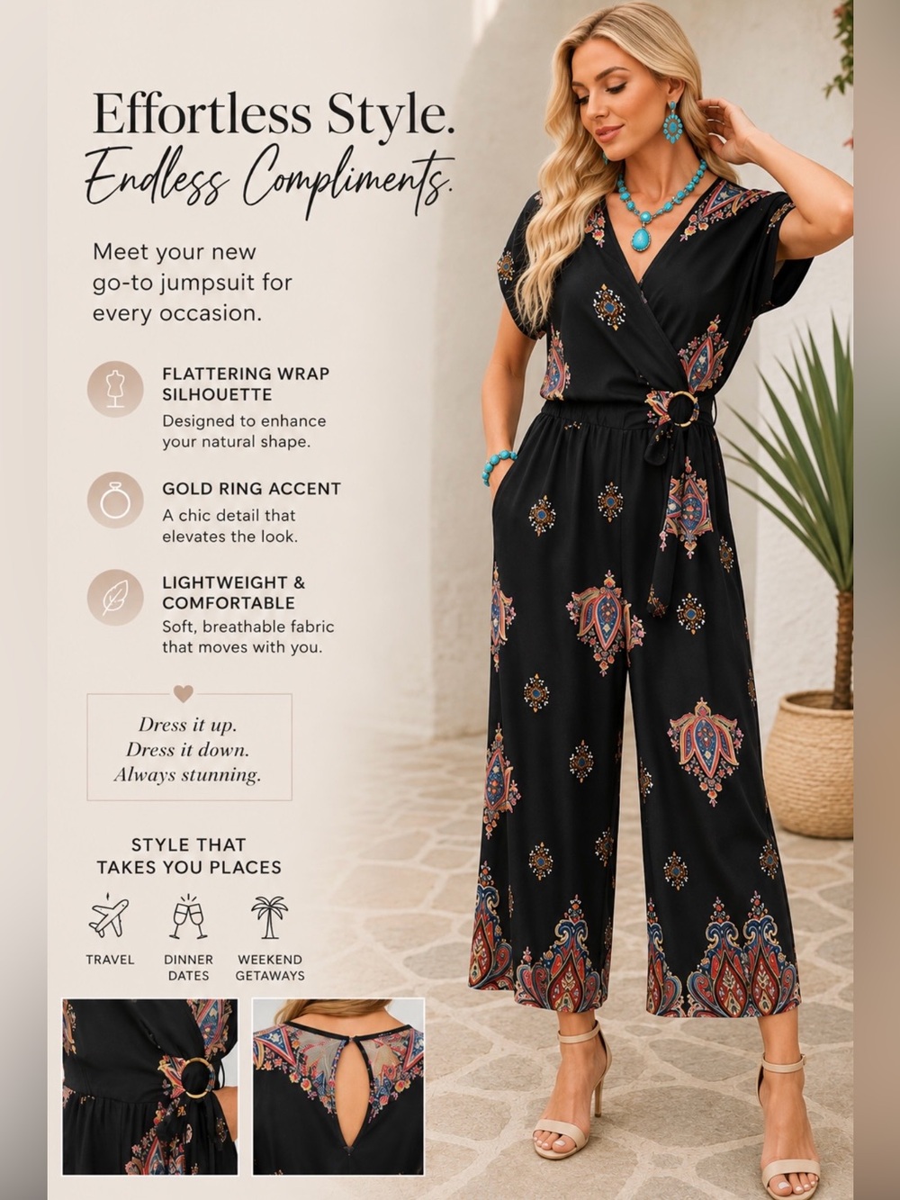 Luxology Black Paisley-Print Wrap Jumpsuit with Gold Ring Accent